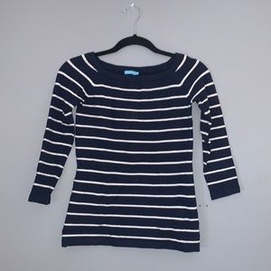 J. McLaughlin Navy & White Striped Boat Neck Sweater with 3/4 Sleeves - XS
